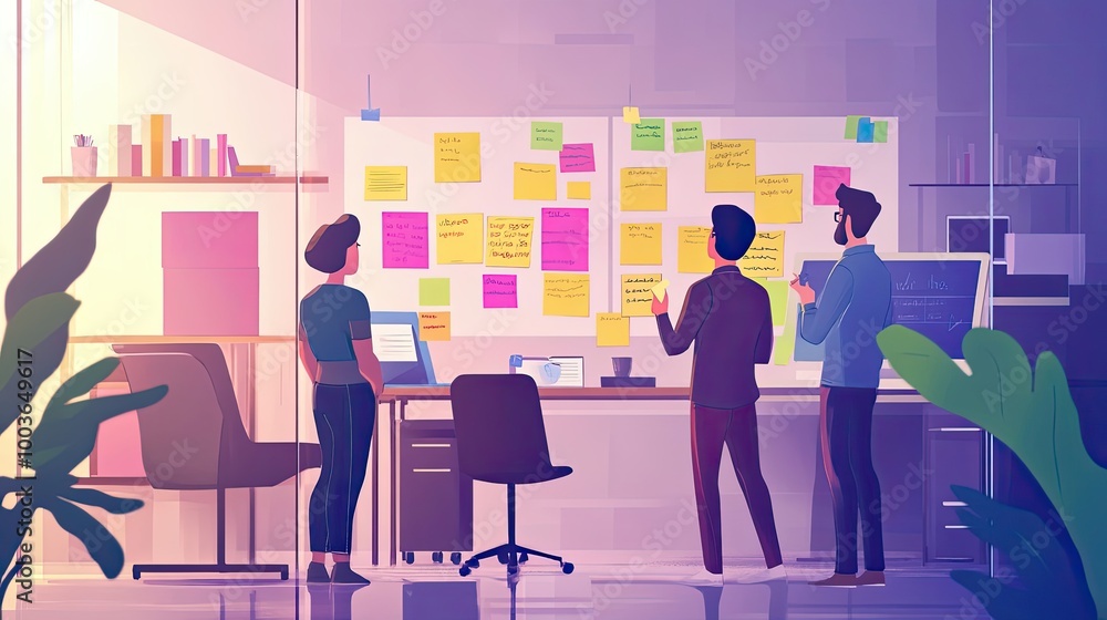 Poster three colleagues collaborating in an office setting with sticky notes