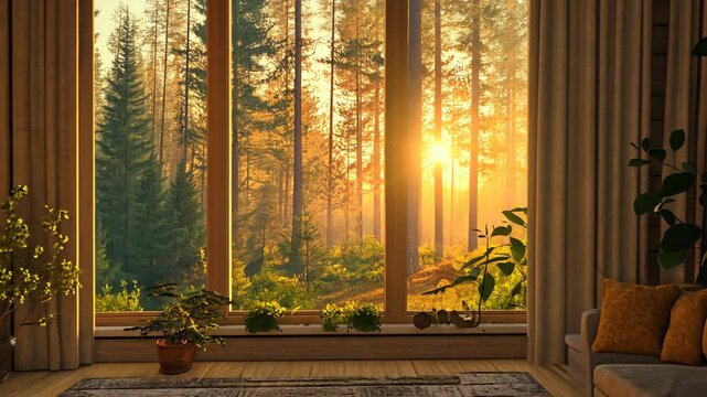 A large window frames a view of a forest at sunrise