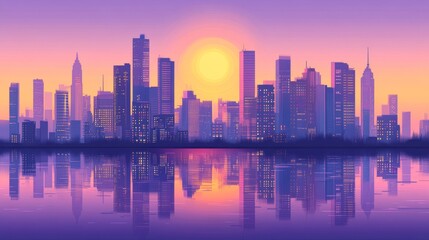 Fototapeta premium Colorful sunset over a city skyline reflecting on calm water, showcasing modern architecture during twilight hours