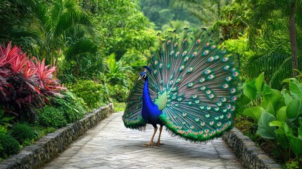 A peacock walking gracefully along a pathway in a botanical garden, with its feathers trailing behind in a stunning display.