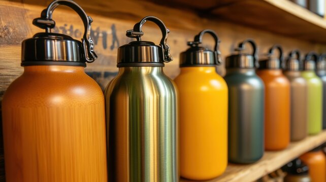 Colorful reusable water bottles on display, eco-friendly storage solutions.