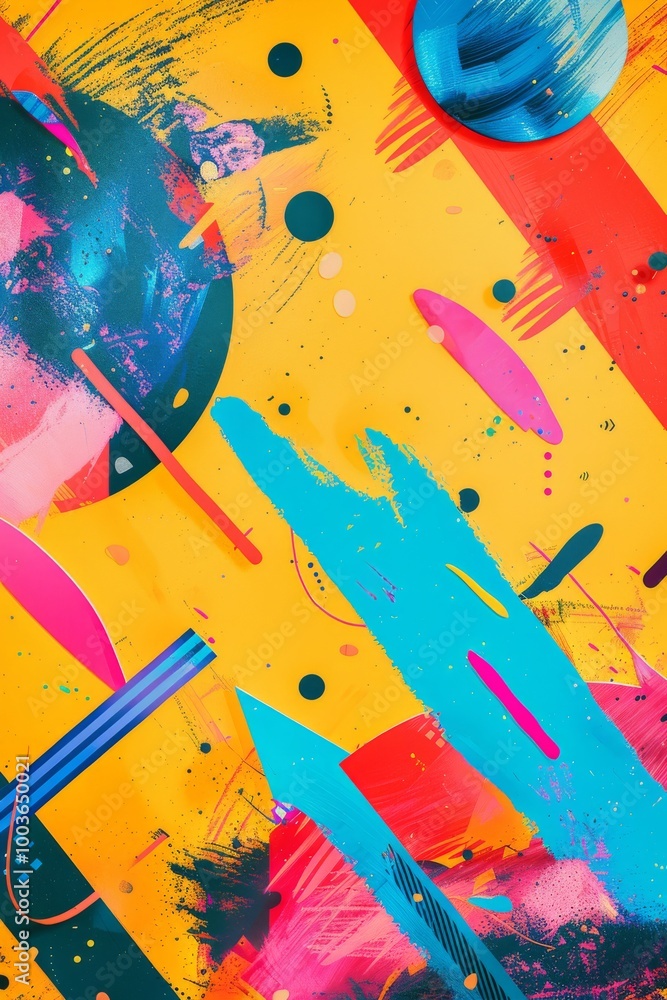 Poster A colorful abstract artwork featuring geometric shapes and bold splashes of paint, creating a dynamic and vibrant visual experience.