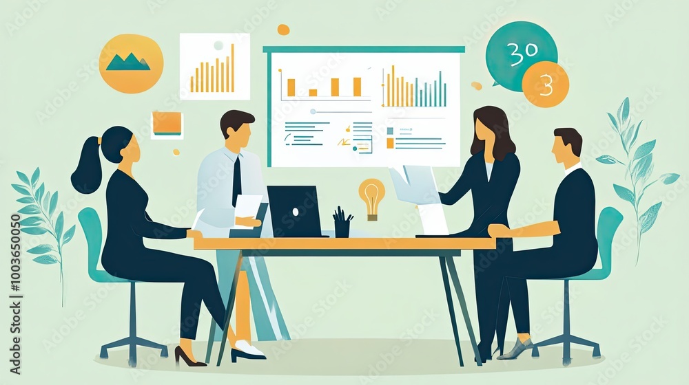 Poster business team collaborating around a table with data visualizations and a lightbulb