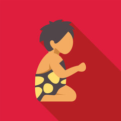 Primitive boy kneeling and wearing a loincloth with an animal skin print, side view