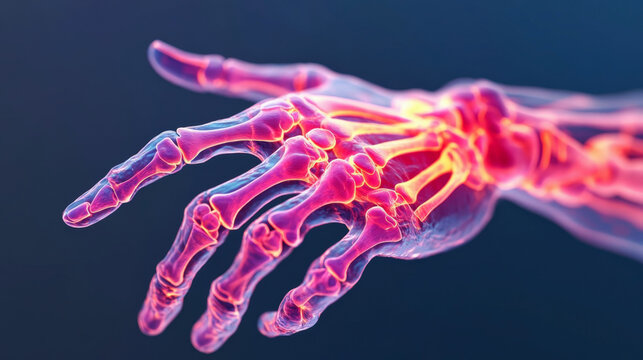 Scan of the left hand with red inflamed joints on a dark blue background. 3D illustration. Horizontal banner. Rheumatoid Arthritis Day. Rheumatoid arthritis symptom on human joints and bones.
