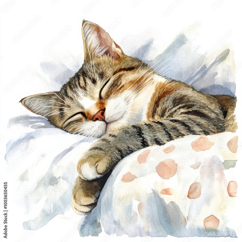 Poster a peaceful tabby cat sleeping soundly on a soft bedspread in a cozy, serene environment during the d