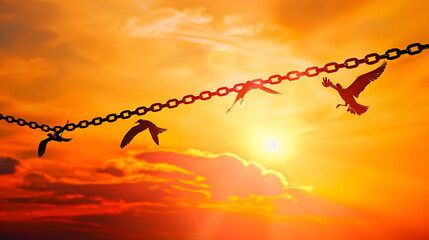 silhouette of  birds and chain freedom concept