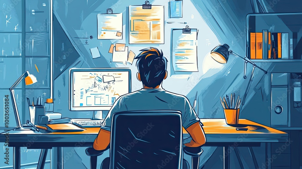 Poster a man working at a desk with a computer, papers, and a lamp