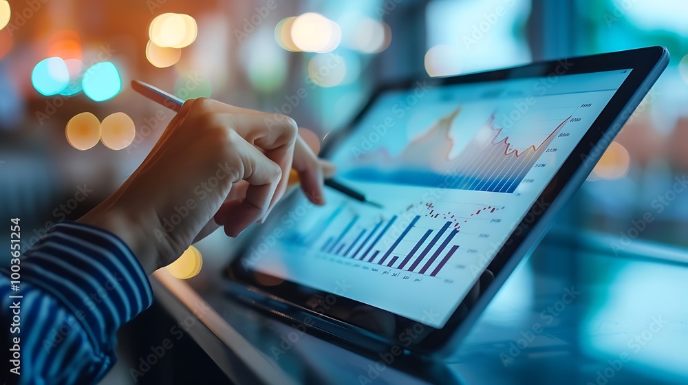 Poster person analyzes data on a tablet, with graphs and charts displayed on the screen. the image captures