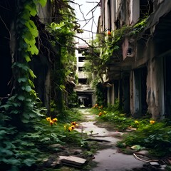 Obraz premium Urban Decay Morphing into Lush Jungle, urban decay, city to nature transformation, nature reclaiming city, crumbling to green, vines overtaking buildings, urban jungle, metamorphosis of spaces