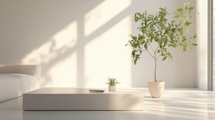 Fototapeta premium Minimalist living room bathed in gentle natural light, featuring a single potted plant