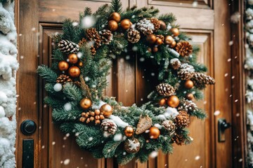 Happy New Year 2025. A Christmas wreath on the front door. Home decor for the New Year. The concept of celebration and festive decoration of a cozy home.