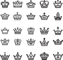 Royal King and Queen Crown Silhouette Icon Set Vector illustration on White Background.