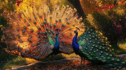 Obraz premium A playful scene of two peacocks interacting in a garden, one displaying its feathers while the other curiously observes.