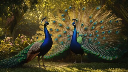 Obraz premium A playful scene of two peacocks interacting in a garden, one displaying its feathers while the other curiously observes.