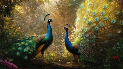 Obraz premium A playful scene of two peacocks interacting in a garden, one displaying its feathers while the other curiously observes.