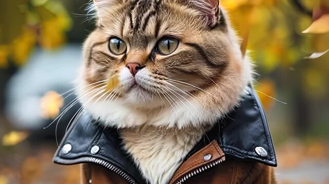 A cool-looking cat wearing a leather jacket, giving a stylish and confident expression