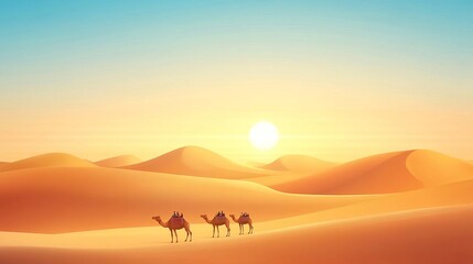 Aerial view of a desert landscape with tourists on camels flat design top view exotic destination theme animation vivid