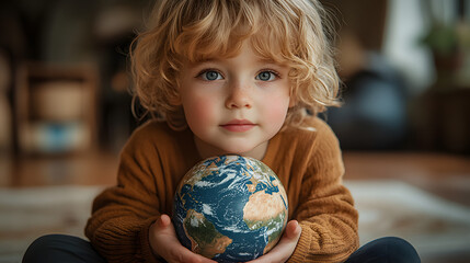 A Young Boy Holding the Earth Globe Symbolizing Global Unity and Environmental Awareness,...