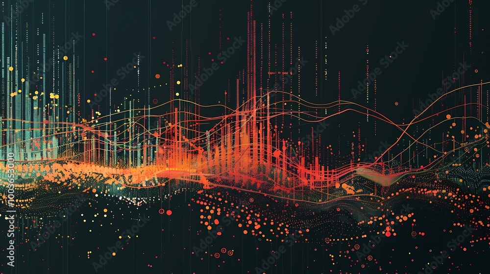 Poster abstract data visualization with colorful lines and dots.