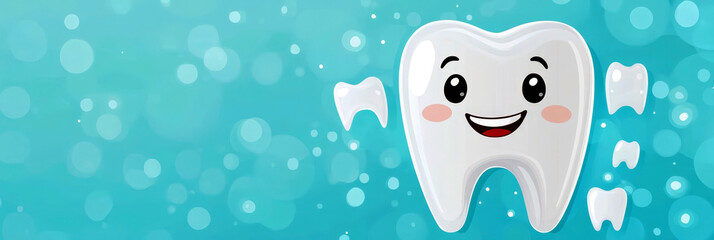 White healthy tooth on a blue background. Flat illustration. Dental treatment. Horizontal banner. Copy space. National Children's Dental Health Month. Dental care concept. International Dentist Day