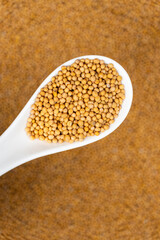Mustard seeds in a spoon, natural organic seasoning