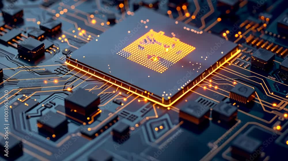 Poster a close-up view of a computer chip with glowing circuits