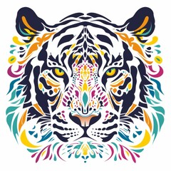 Fototapeta premium A striking and vibrant artistic illustration of a tiger's face, featuring intricate patterns and bold, colorful designs.