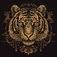 Detailed golden tiger head illustration with ornate decorative elements on a black background, perfect for artistic and design projects.
