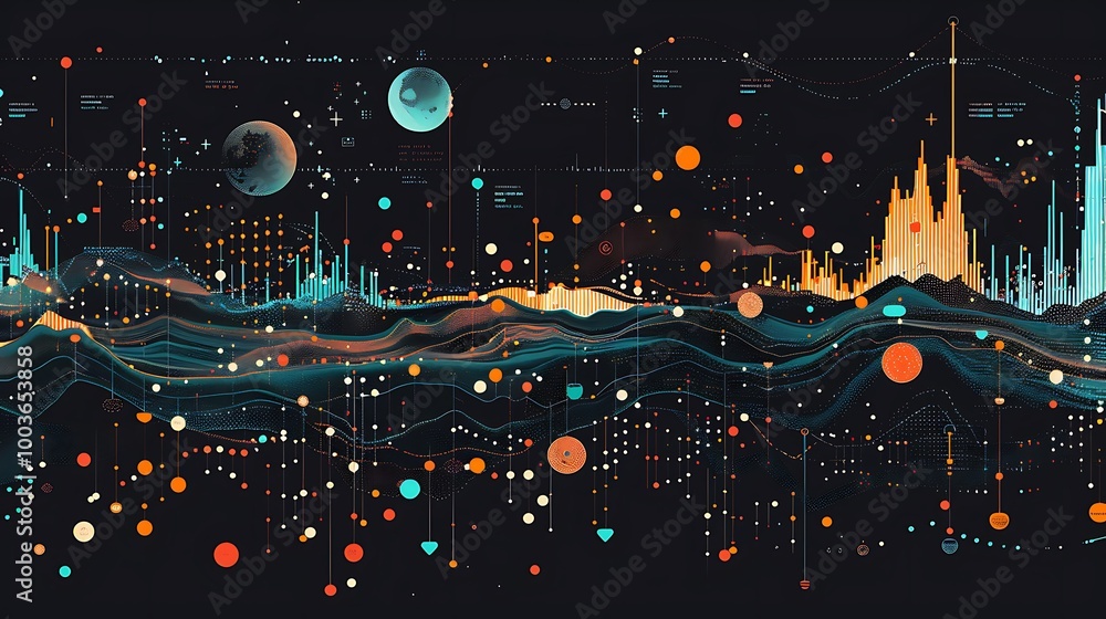 Poster abstract data visualization with colorful graphical elements on a dark background. the image incorpo