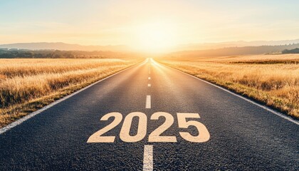 Road to 2025 with an Empty Road, Written 2025, and Arrow Pointing Towards the Horizon at Sunrise to Represent the Future, Positivity, and Success of the New Year 2025