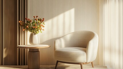 A photorealistic 3D render of a cozy hotel space featuring a mid-century modern armchair, soft beige walls