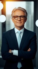 A businessman executive in deep thought, in deep blue background