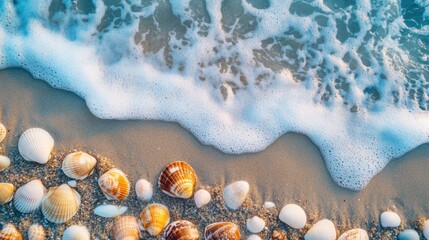 Overhead shot of a serene beach featuring a variety of seashells and small waves gently