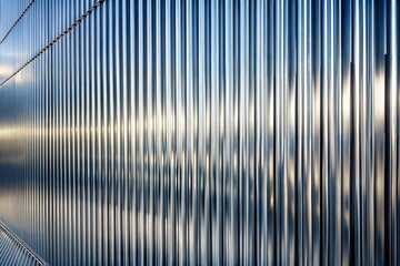 Reflective corrugated metal wall close-up with abstract sunlight pattern