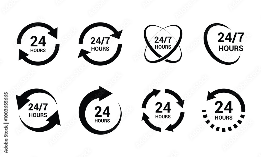 Poster 24 7 service icon set. support 24 hours a day and 7 days a week. can be used in logo, ui and web des