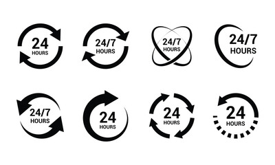 24 7 service icon set. Support 24 hours a day and 7 days a week. can be used in logo, UI and web design. 24-7 service concept.