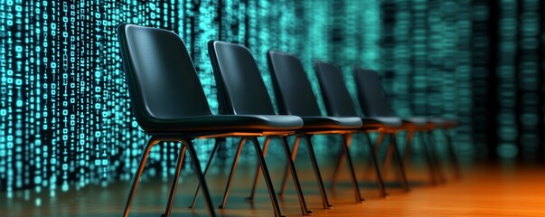 Fototapeta premium Dark background with glowing digital lines and metallic structures representing the concept of cyber security in business photography