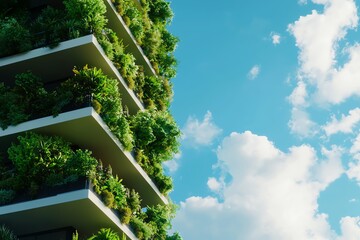 Modern building with green balcony gardens against a blue sky, showcasing sustainable architecture.