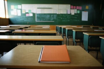 Classroom with empty desks and orange folder.