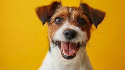 Smiling dog with happy expression face Isolated on Yellow background