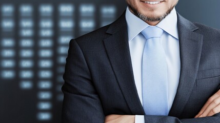 A businessman executive in deep thought, surrounded by floating digital interfaces showing real-time analytics and futuristic data projections,