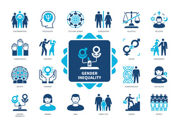 Gender Inequality icon set. Discrimination, Segregation, Feminism, Sexism, Harassment, Violence, Low Salary, Injustice. Duotone color solid icons