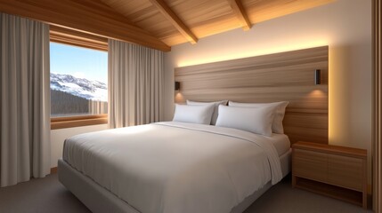 Cozy attic bedroom with wooden beams and skylights featuring natural wood accents