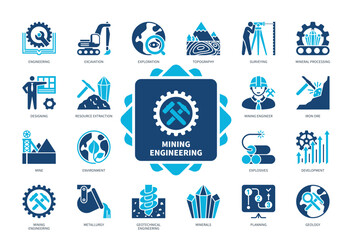 Mining Engineering icon set. Surveying, Metallurgy, Engineering, Exploration, Mine, Geotechnical, Iron Ore, Explosives. Duotone color solid icons