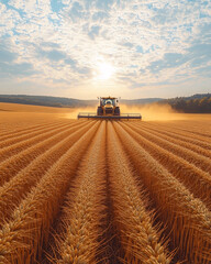 golden wheat field with tractor in the distance at sunset