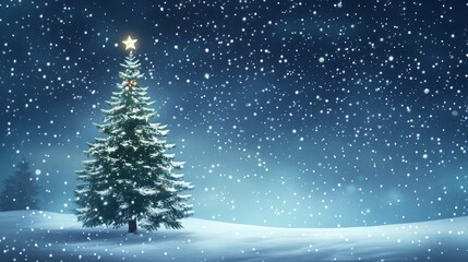 Snow falling at night background with Christmas tree illustration 