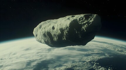 Naklejka premium a large asteroid or space rock floating in space with Earth visible in the background. The asteroid appears to be irregularly shaped and has a rough, rocky surface with several craters or indentations