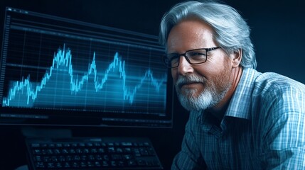 A businessman executive in deep thought, surrounded by floating digital interfaces showing real-time analytics and futuristic data projections,