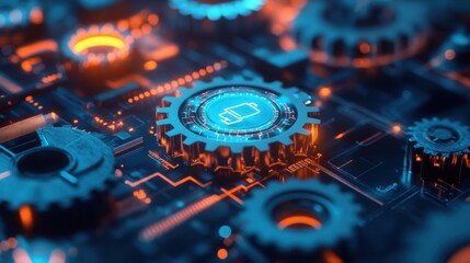 3D Flat Icon Business Workflow Innovation with Gears and Digital Elements Overlay Concept of Stre